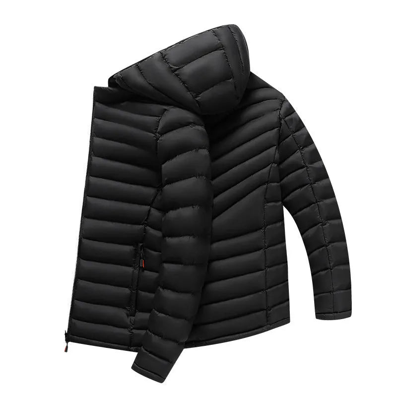 Men's lightweight down jacket with detachable hood in black, army green or blue with zippered pockets