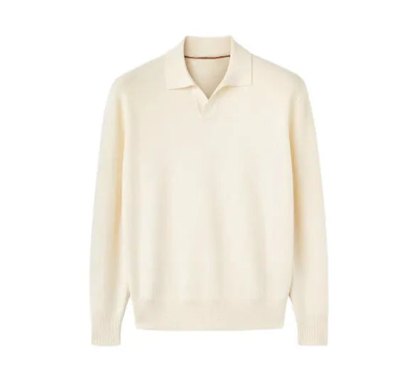 Old Money style pure wool polo sweater with lapel collar in loose fit, shown in navy blue colour.