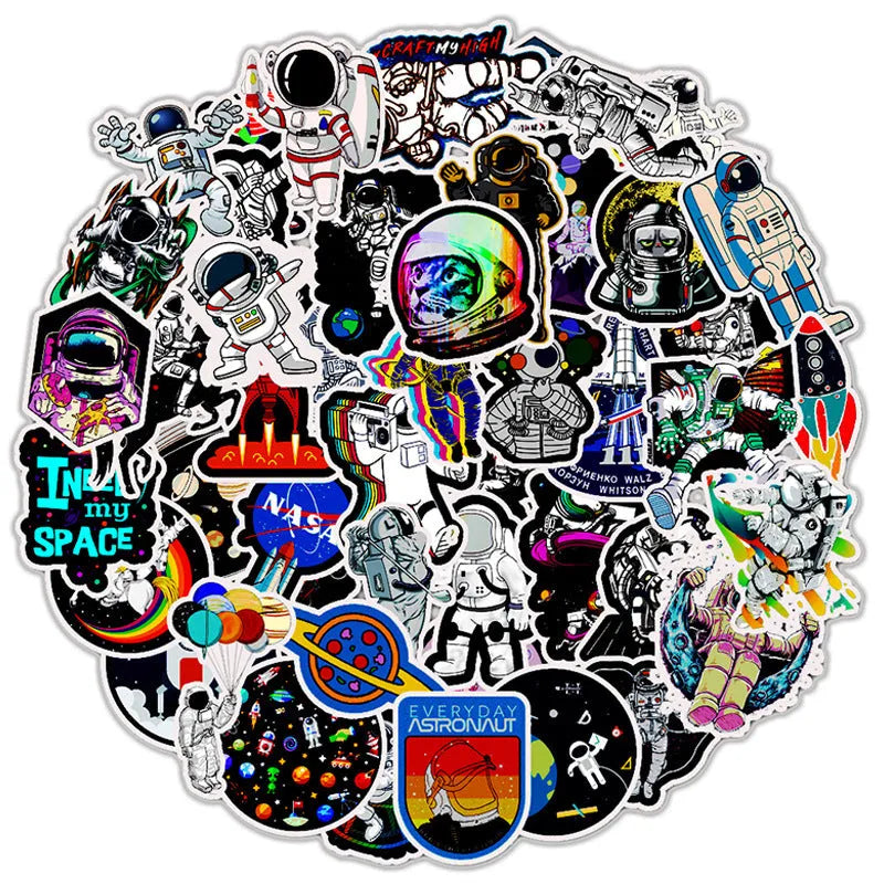 50 cartoon PVC waterproof stickers in assorted graffiti styles including astronaut, drink, and animal designs on a white background