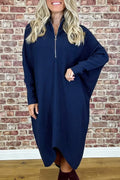 Women's solid colour knitted dress with front zipper and loose fit in dark green