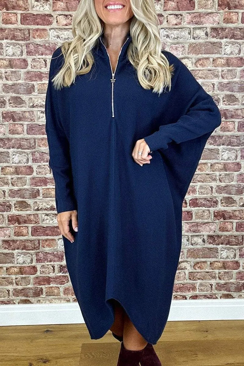 Women's solid colour knitted dress with front zipper and loose fit in dark green