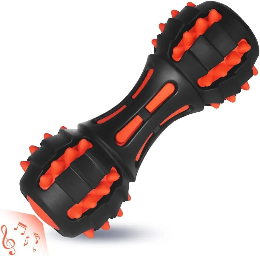 Red rubber dumbbell-shaped dog chew toy with double-layer construction