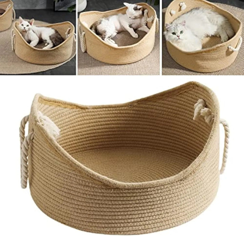 Wicker cat bed basket with integrated corrugated scratching surface for small to medium sized cats