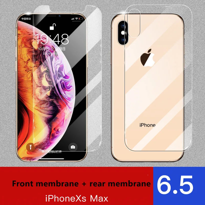 Apple iPhone tempered glass screen protector set showing front and rear film with true 10D explosion-proof construction