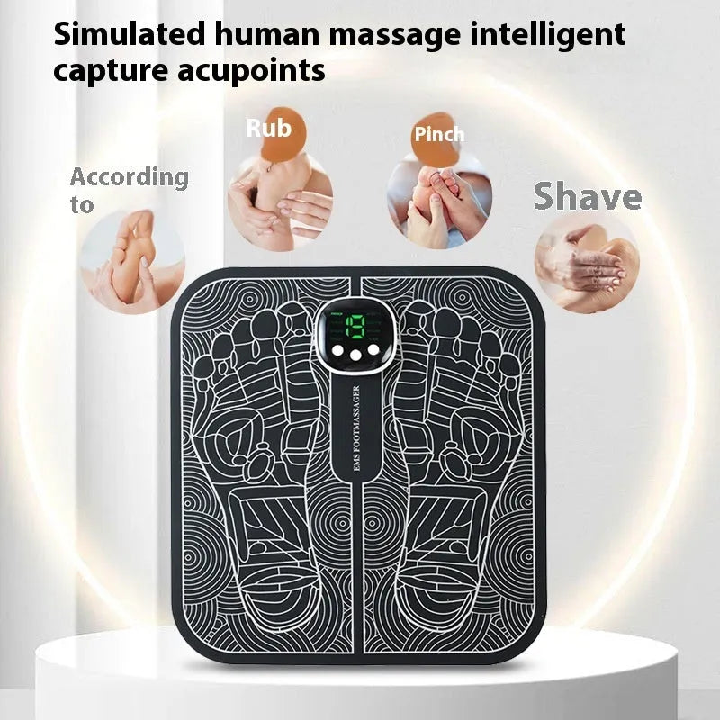 Blue rechargeable foot reflexology massager mat with remote control on a wooden floor.