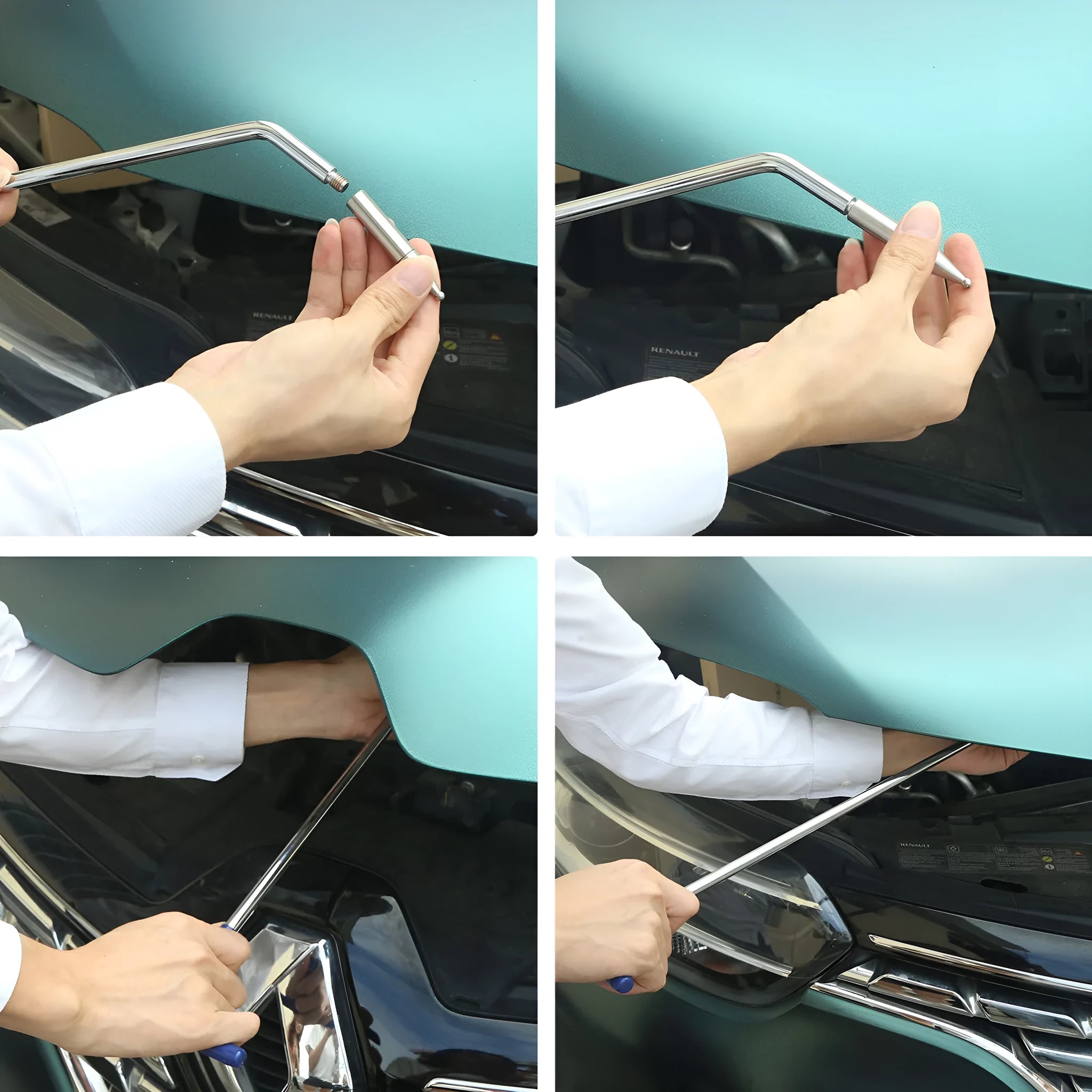 Three-piece car dent repair tool set with hook and crowbar designs for vehicle body maintenance