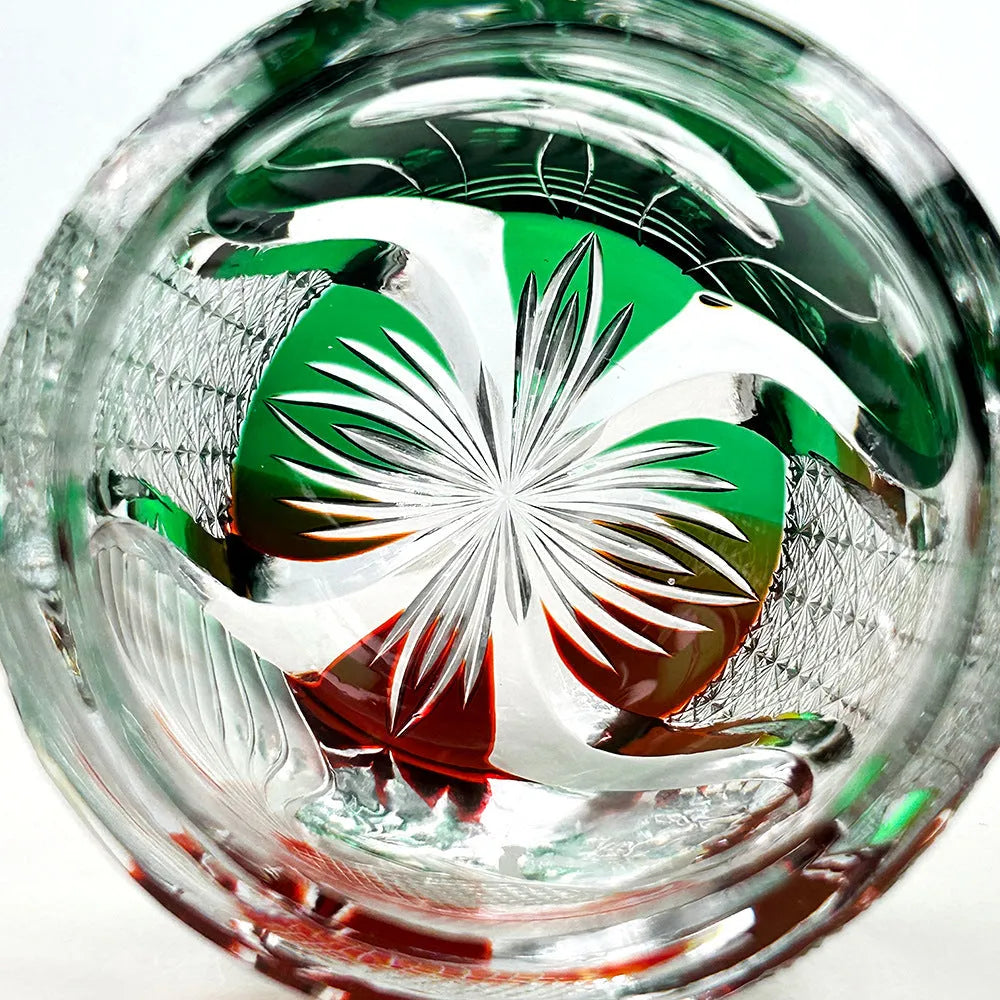 Edo crystal glass whiskey shot glass with carved cylindrical pattern in assorted yellow green