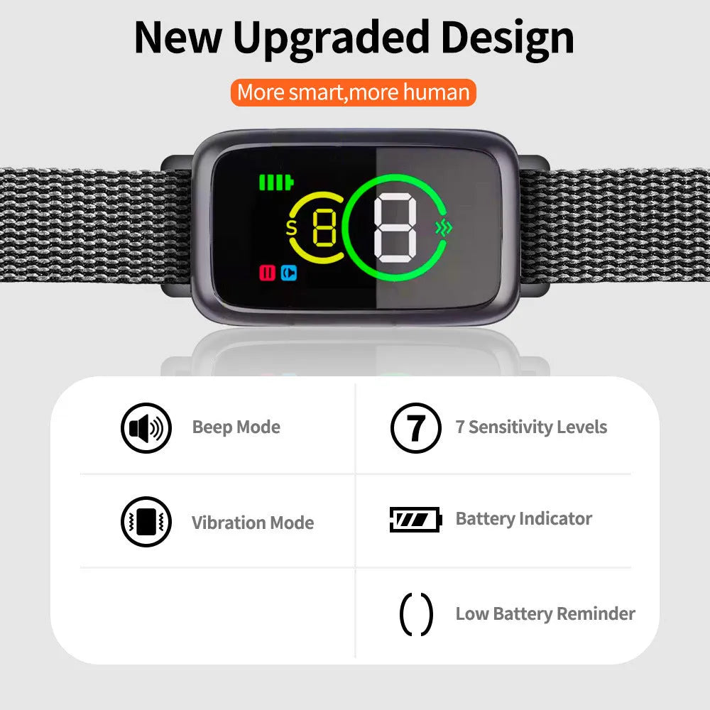 Black ABS bark-stop collar with colour screen and magnetic USB charging port