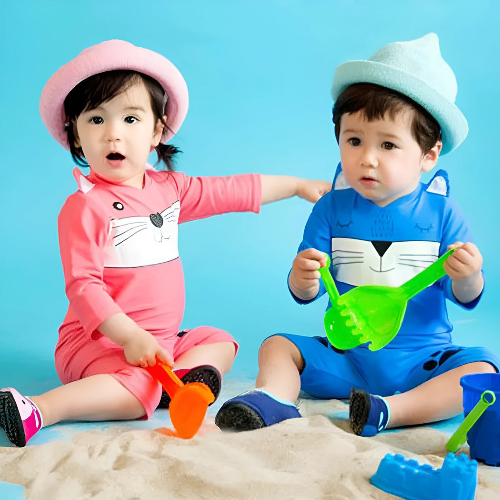 Blue long sleeve one-piece baby swimsuit made of high-elasticity polyester for sun protection and swimming