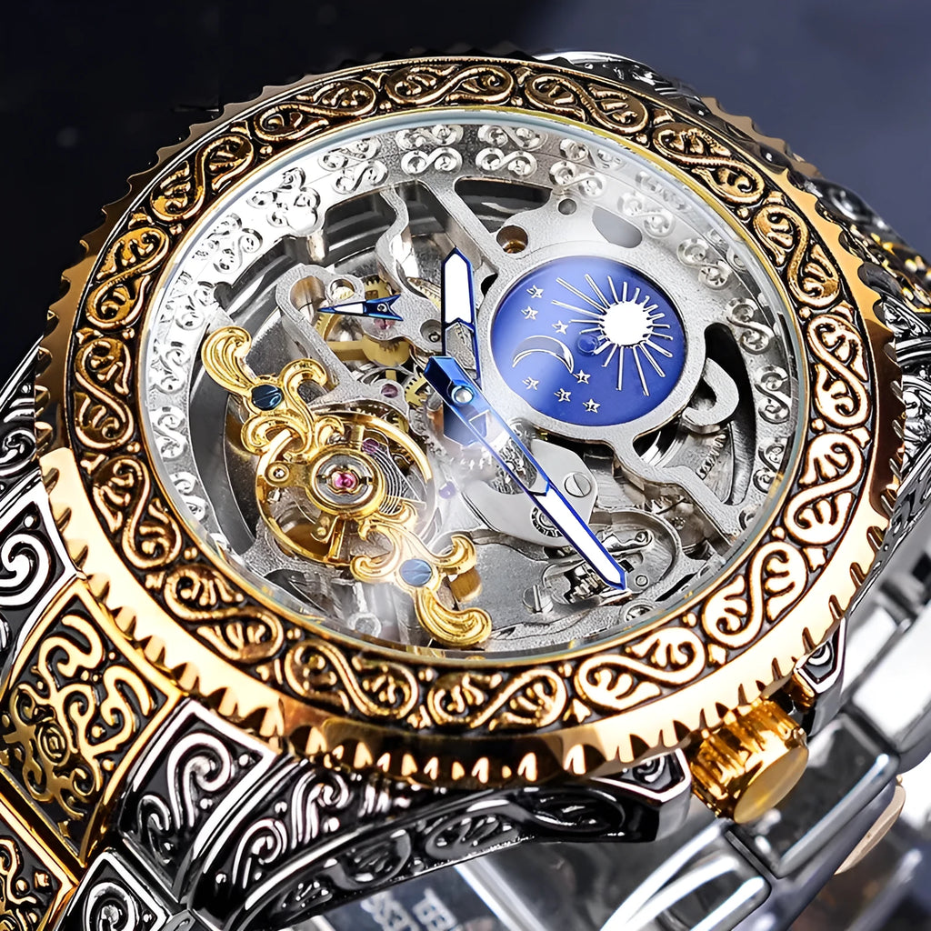 Forsining yellow gold tone skeleton tourbillon mechanical watch with automatic movement
