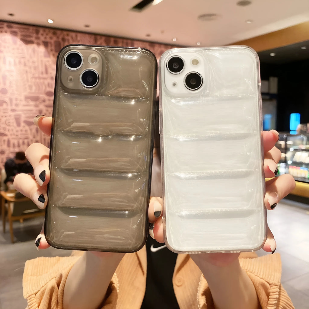 Transparent black TPU phone case with air cushion edges and down jacket pattern for iPhone 15 Pro Max