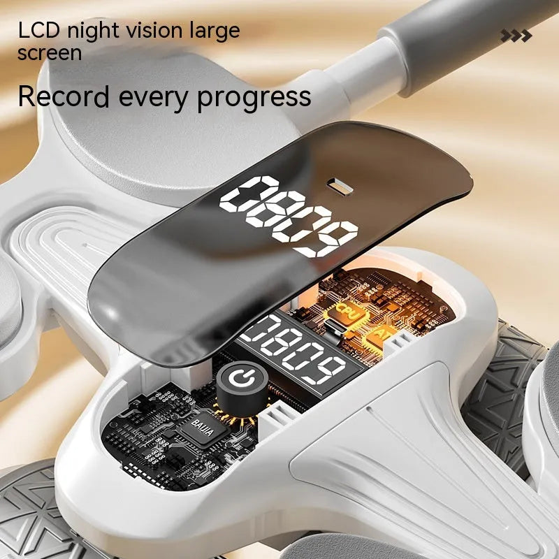 White fitness roller equipment with LED timing screen for belly exercises
