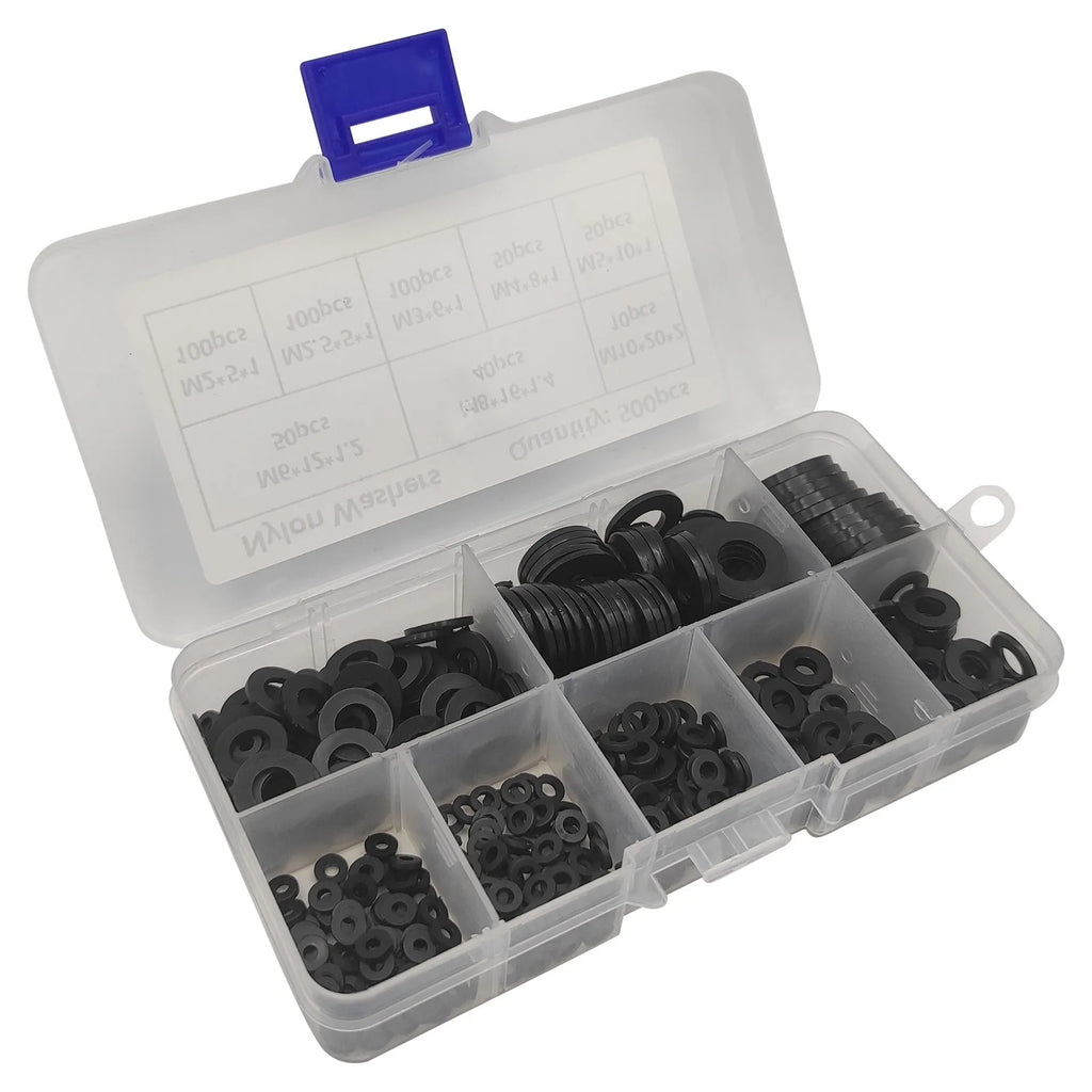 500 black nylon plastic flat gasket washers in metric sizes M2 to M10 in a storage box