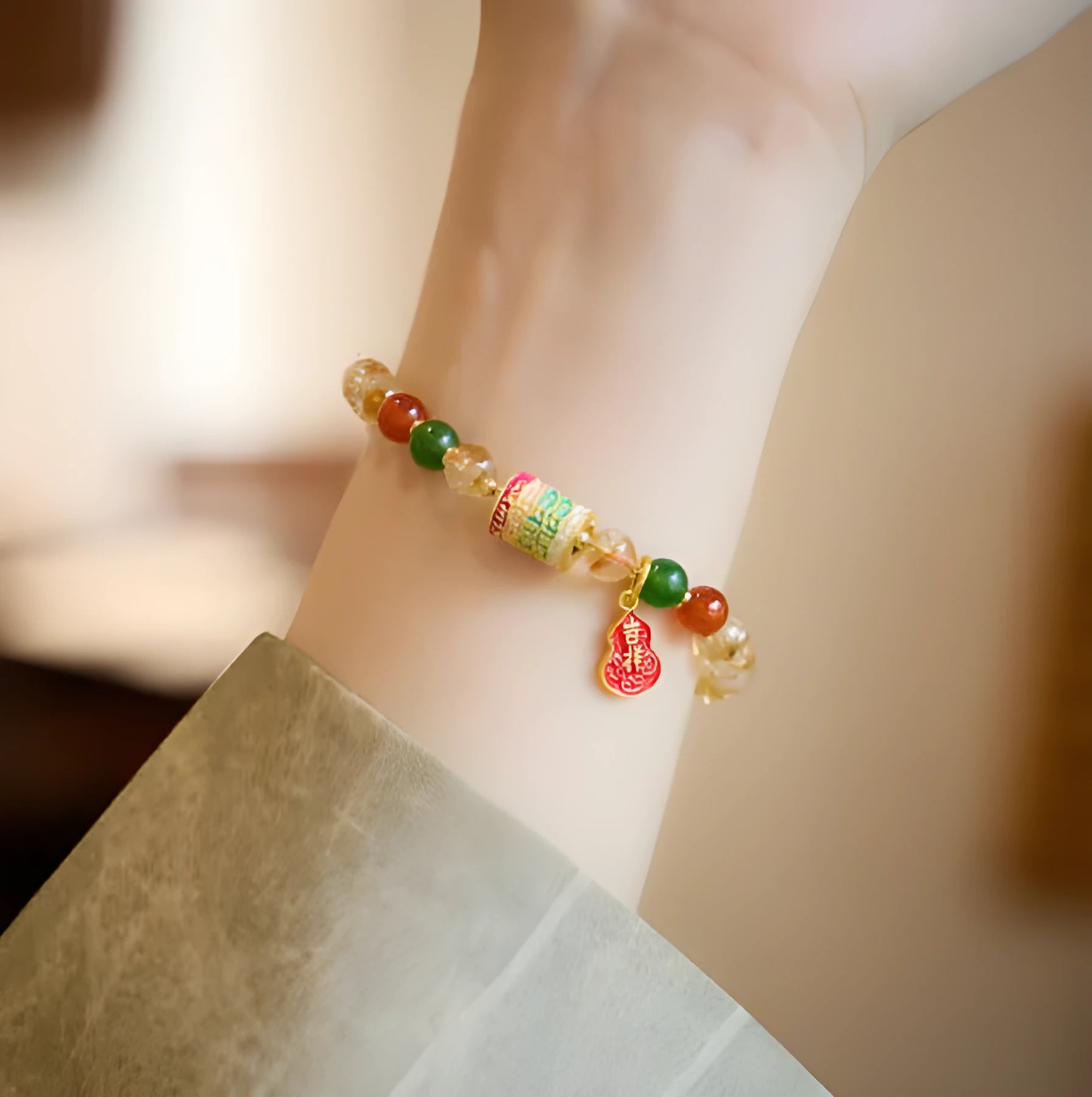 Hand-woven citrine five sutra crystal bracelet with 6mm beads geometric pattern