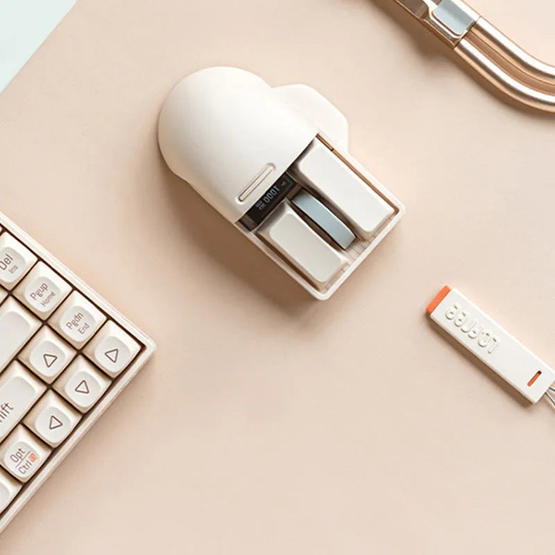 Soft tofu coloured wireless ergonomic mouse with USB-C cable and 2.4G receiver