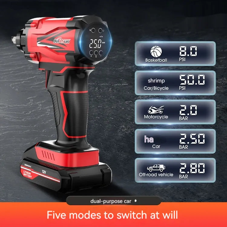 Red and black wireless car tyre inflator with nozzle attachments and power cable