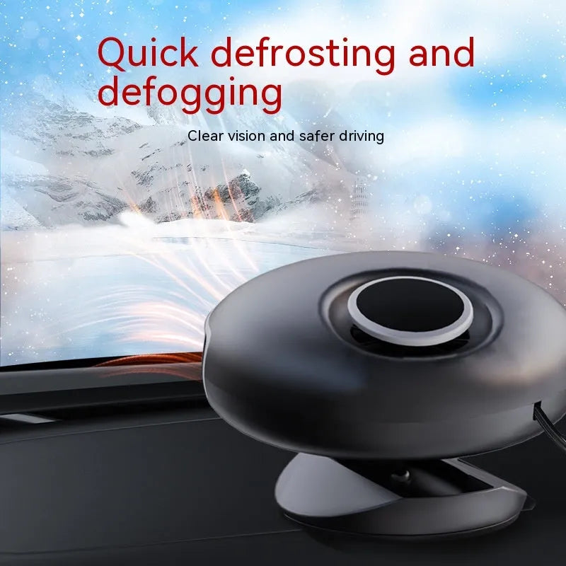 Black YF-180 model portable car warm air blower heater with long power cable for defrosting.