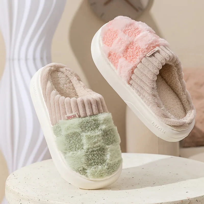 Women's plaid plush slippers with non-slip PVC sole in multiple colour options