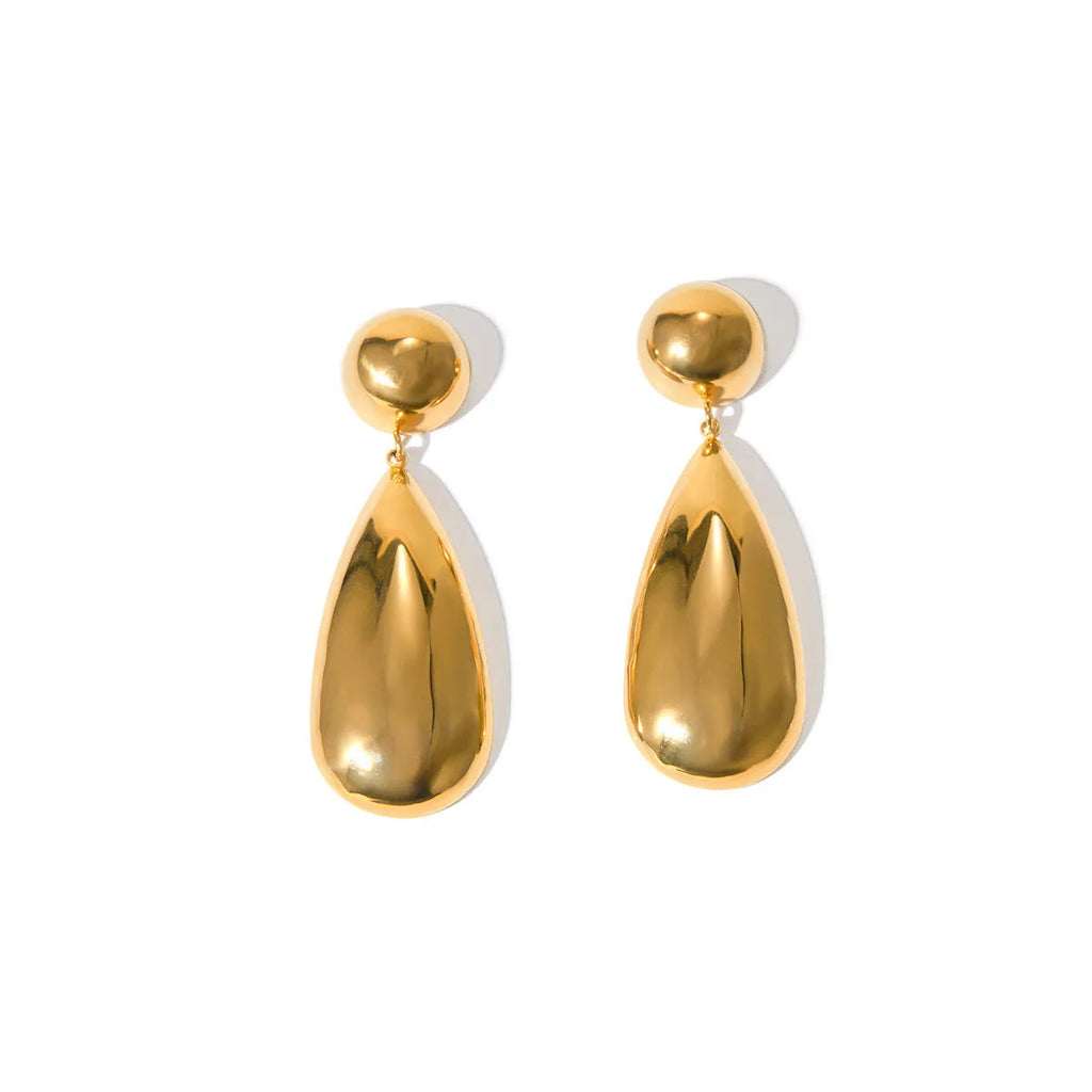 Gold electroplated stainless steel water drop earrings with geometric hemisphere design