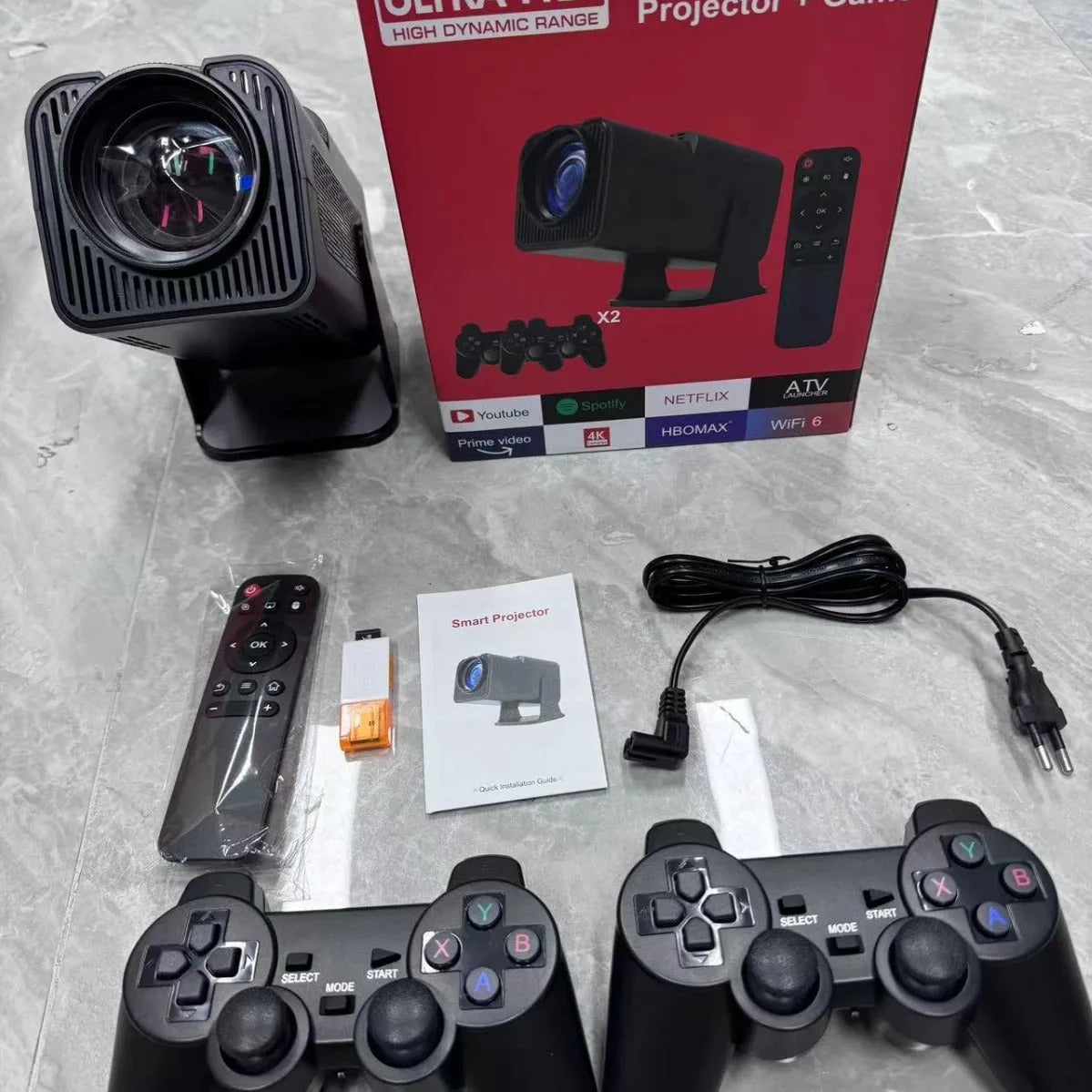 Wireless game machine projector with 720p HD resolution showing international power compatibility symbols