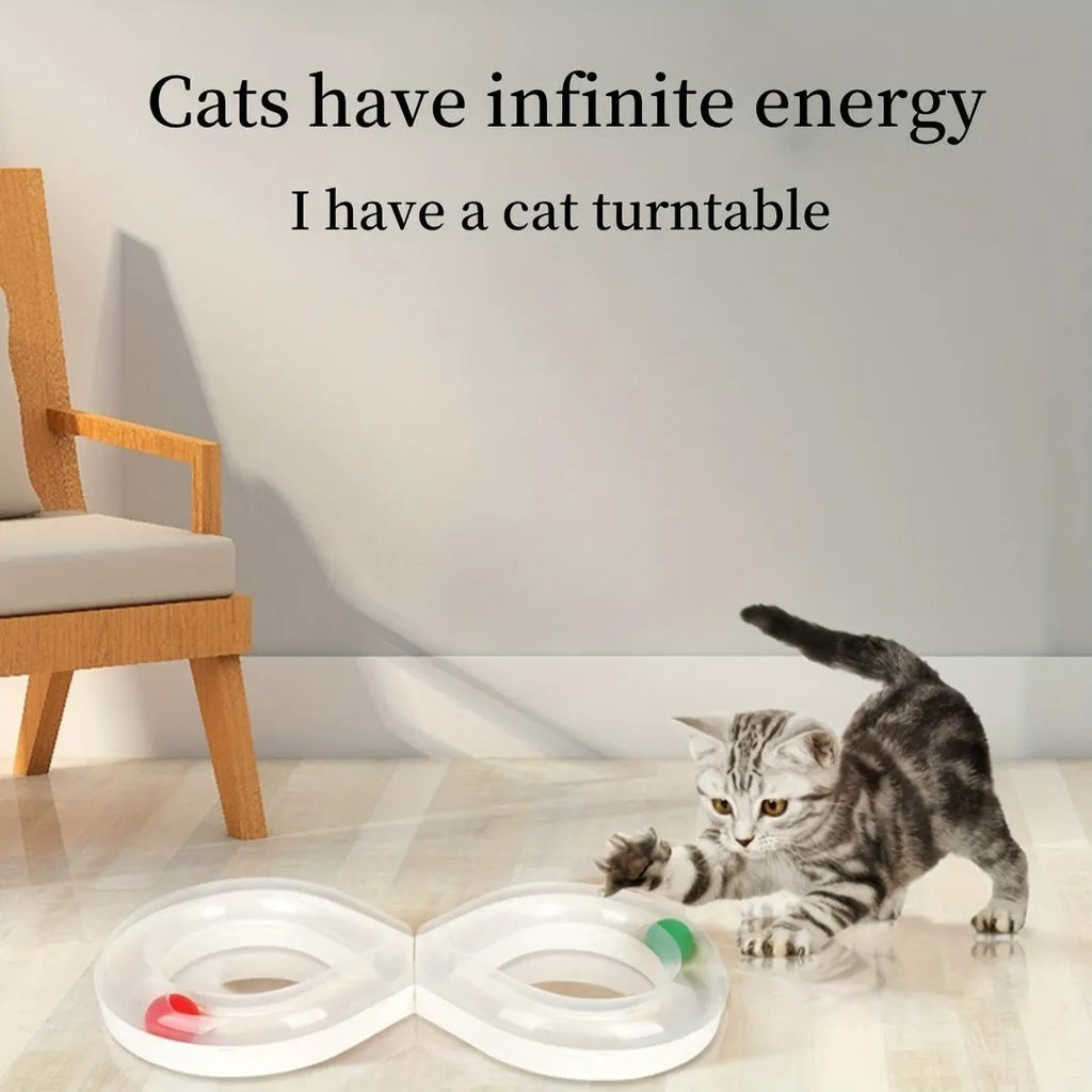 Blue and white cat toy set with turntable track ball system, teasing stick, and multiple balls