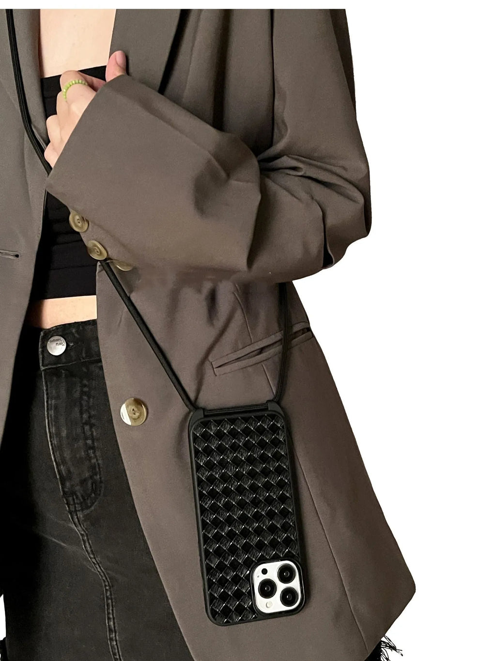 Black imitation leather woven pattern cross-body lanyard phone case for iPhone 14 13 12 series