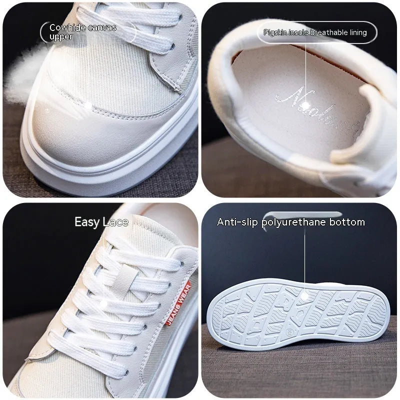 Women's beige leather board shoes with thick soles for height increase on neutral background