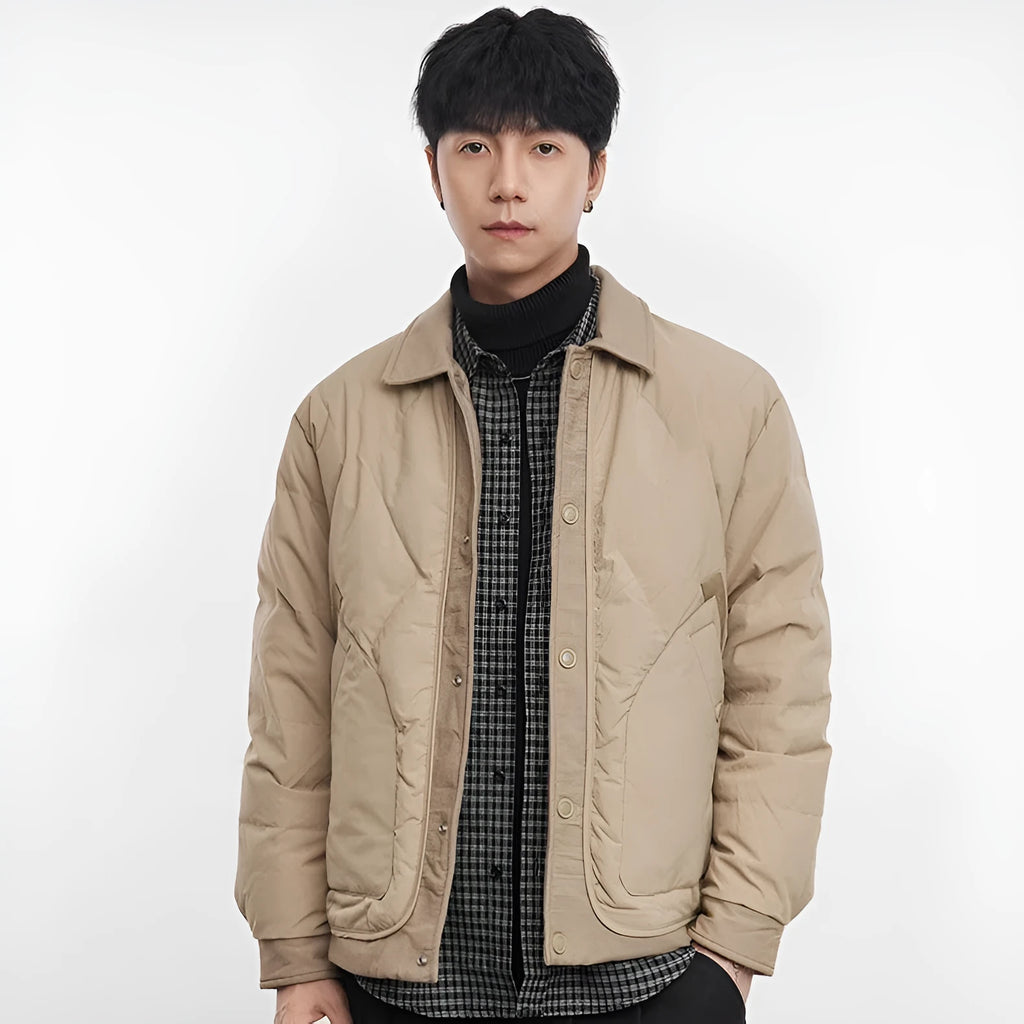 Lightweight down jacket men's loose fit urban style coat in black white duck down filling polyester shell