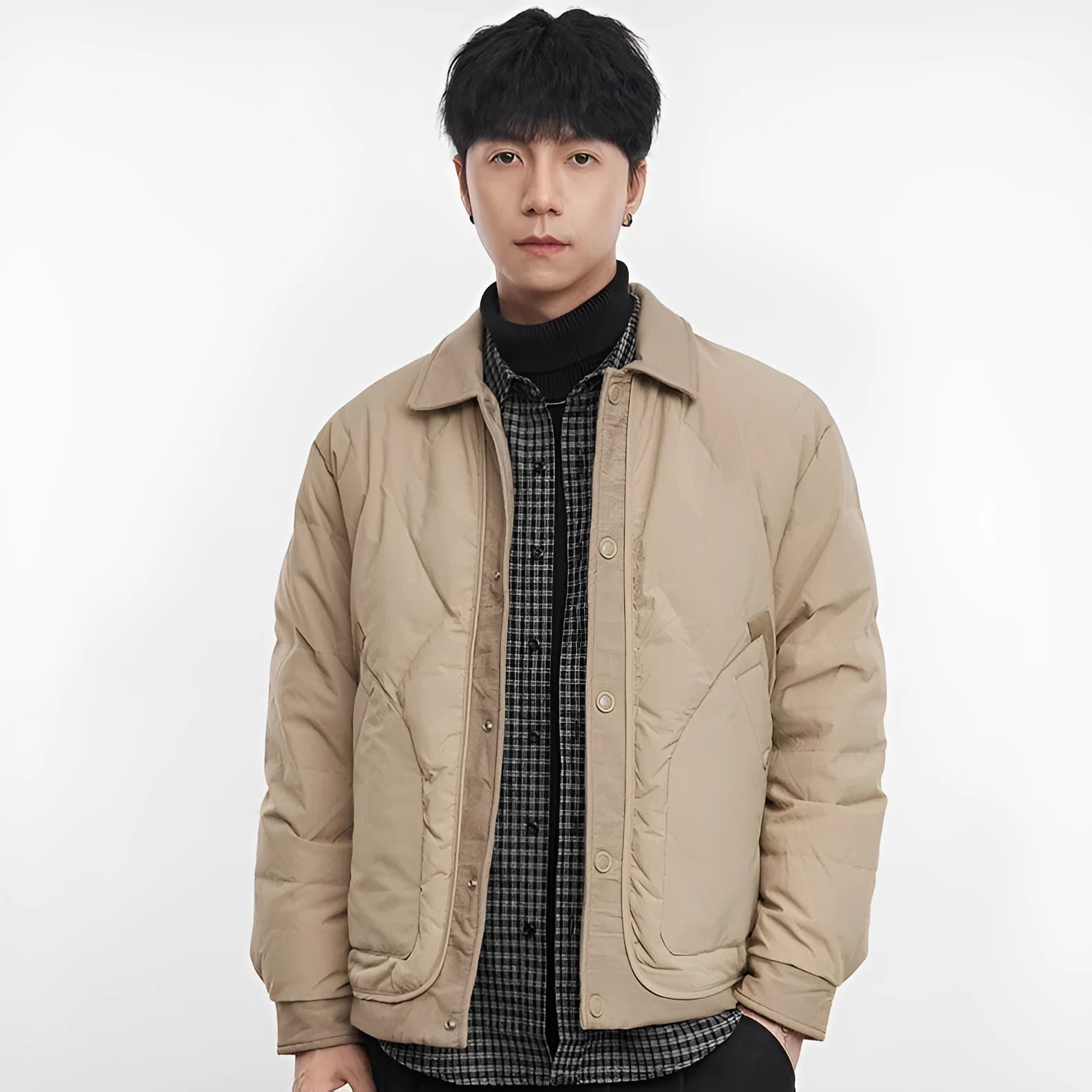 Lightweight down jacket men's loose fit urban style coat in black white duck down filling polyester shell