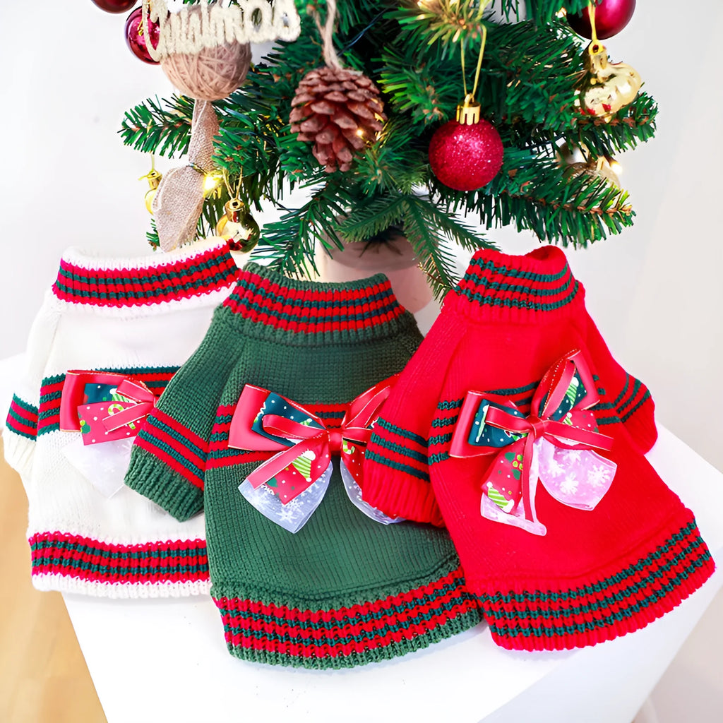 Red and green knitted polyester Christmas sweater for dogs and cats on a white background.
