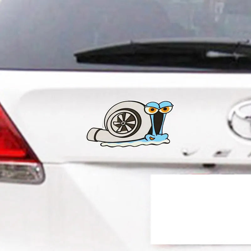 Reflective cartoon snail car bumper sticker measuring 12 by 8 centimetres.
