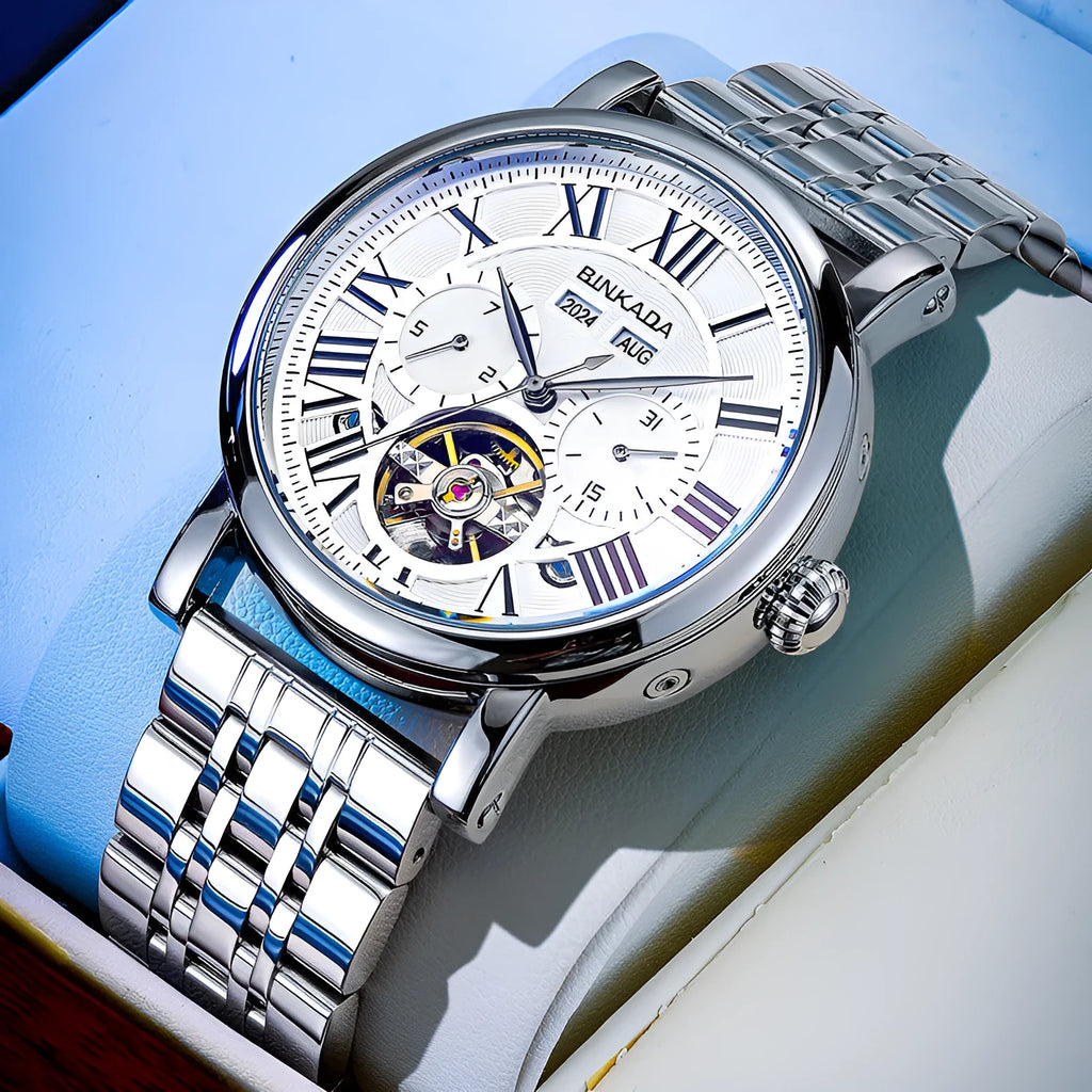 Multifunctional mechanical men's automatic waterproof watch with steel strip black bracelet