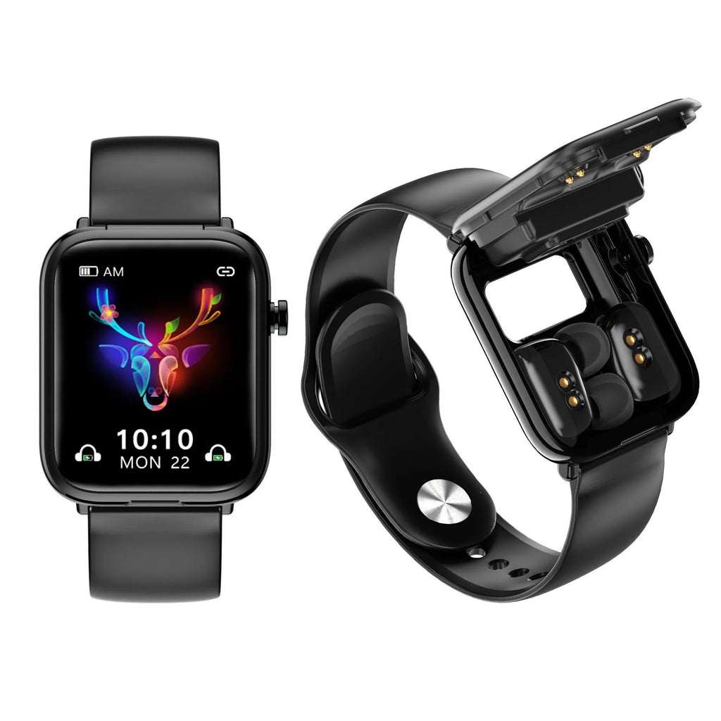 Black all-touch smartwatch with Bluetooth headset, zinc alloy body, and 1.69-inch screen.