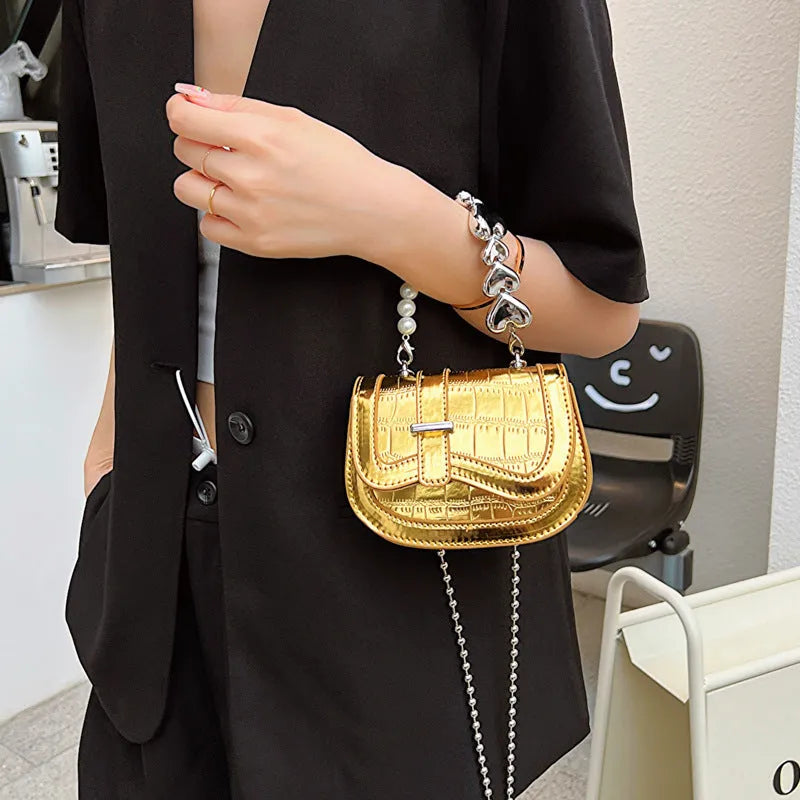 Silver PU leather mini tote crossbody bag with single shoulder strap and mobile phone pocket