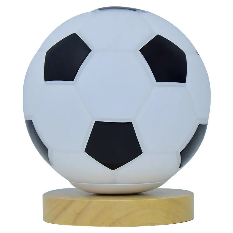 Football LED small glass night lamp with black and white football design on bedside table, USB powered, remote controlled
