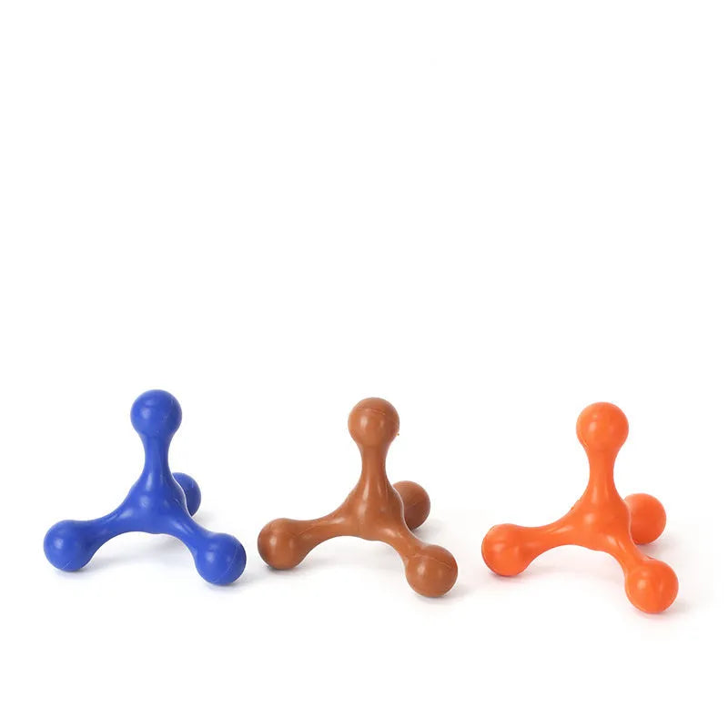 Blue silicone three-legged bone chew toy for puppies measuring 9.5cm