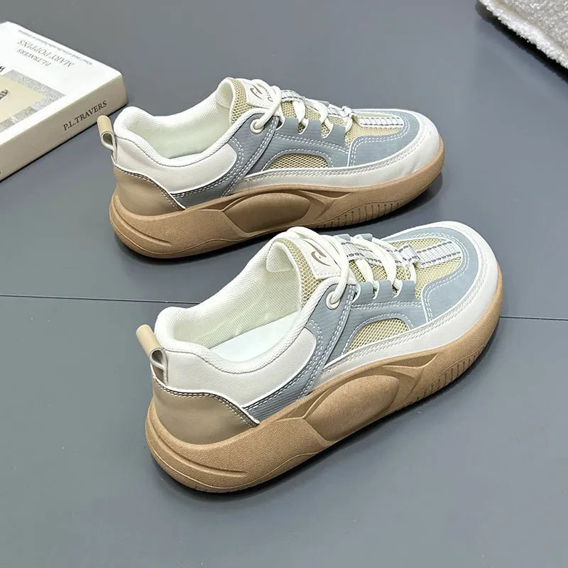 Women's platform board shoes in beige green, front lace-up with round toe and solid colour artificial PU upper
