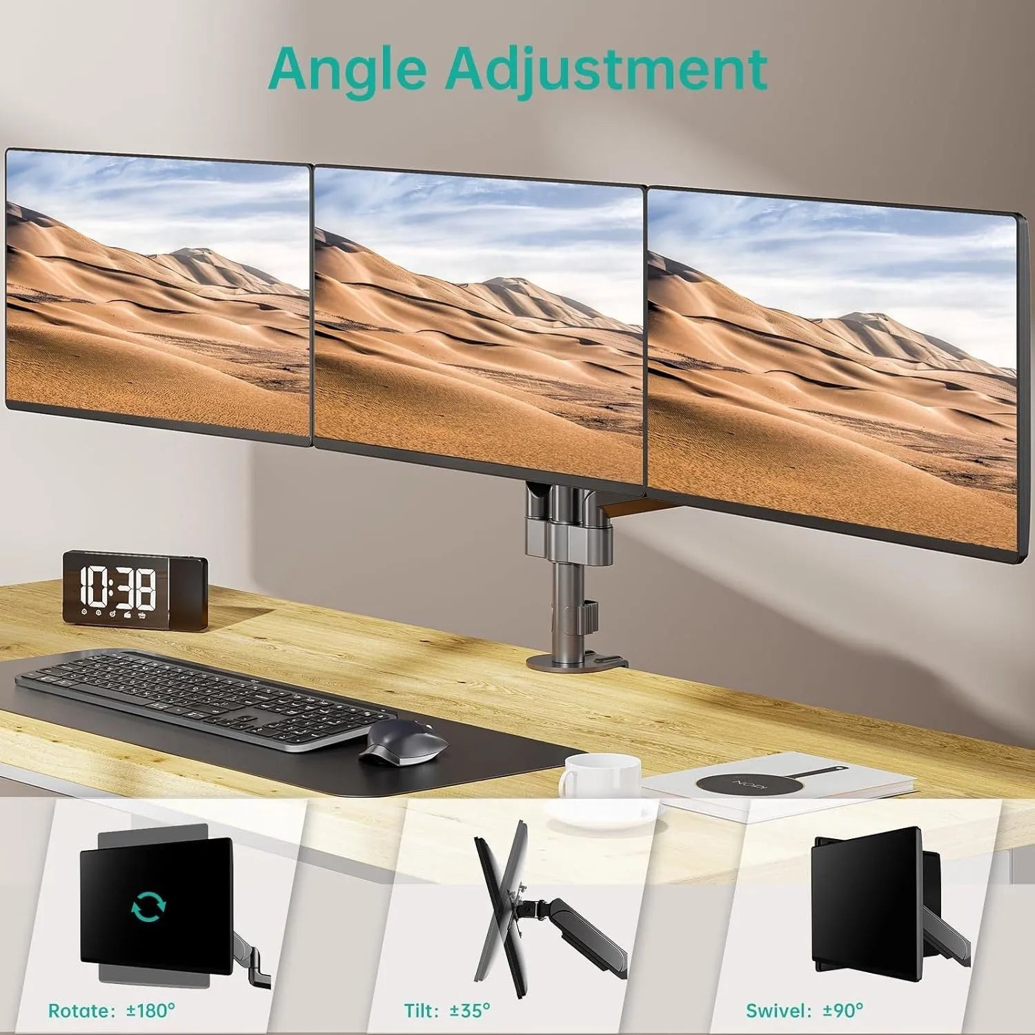 Black three-arm gas spring monitor mount holding a 27-inch screen above a desk.