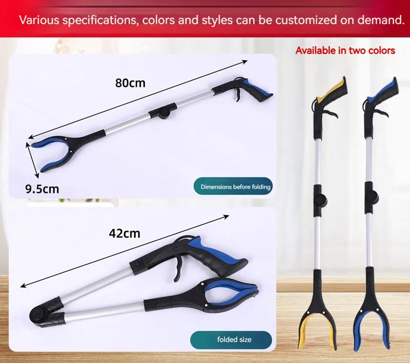 Foldable aluminium litter picker tool with magnet sucker, shown extended and with a blue handle.