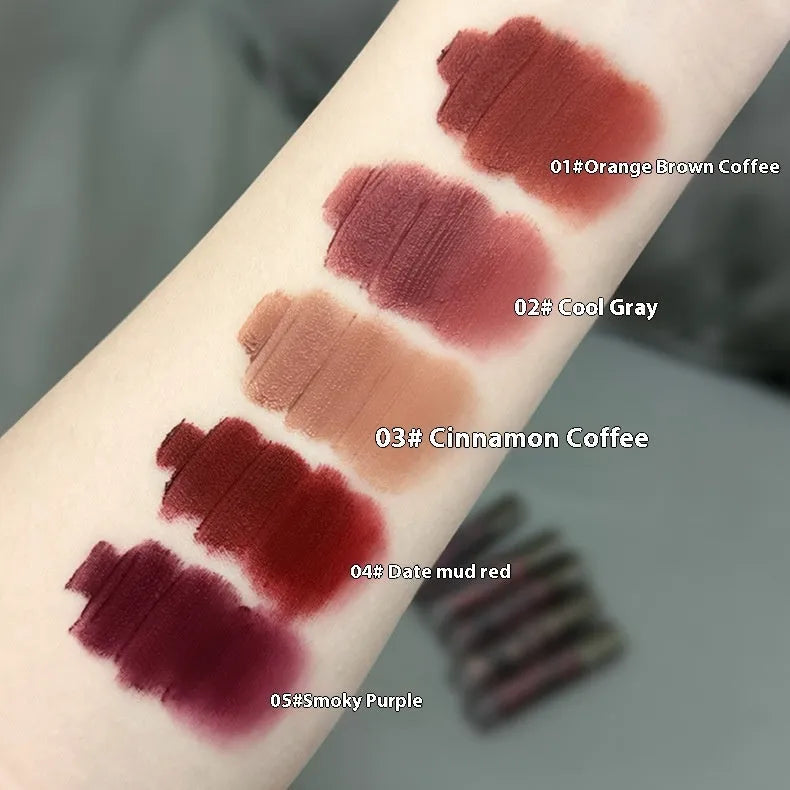 Matte lip mud lipstick bullet showing natural finish with no-cup-stain technology