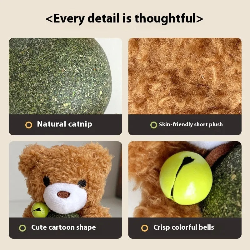 Plush catnip ball toy with bell in brown bear, pink rabbit, piyopiyo or green frog designs