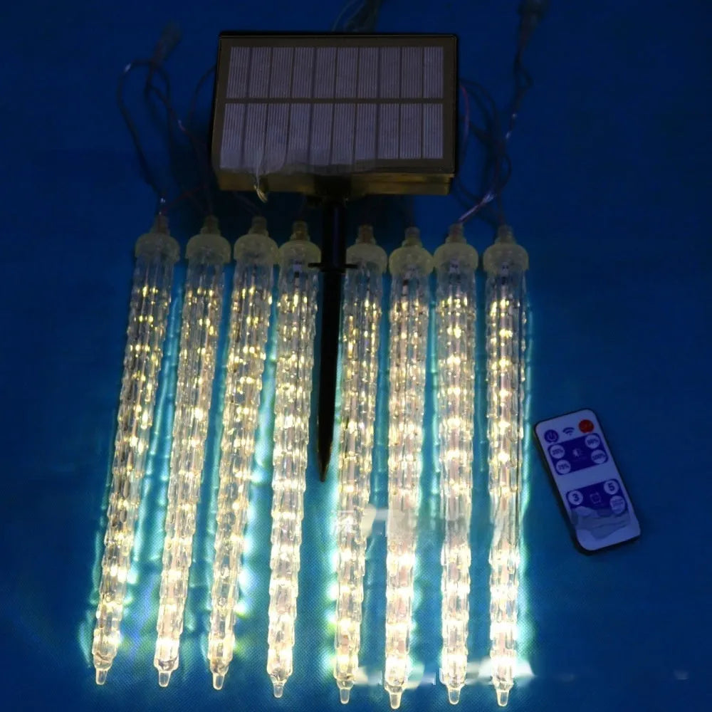 Solar-powered ice cone shaped meteor shower LED festoon lamp for outdoor garden lighting.
