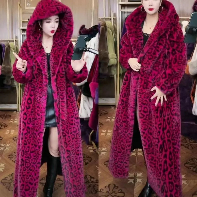 Plus size brown leopard print faux fur long coat on a hanger
