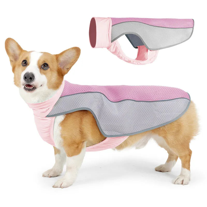 Light grey polyester dog cooling vest on a canine model, showing vest style and fit.