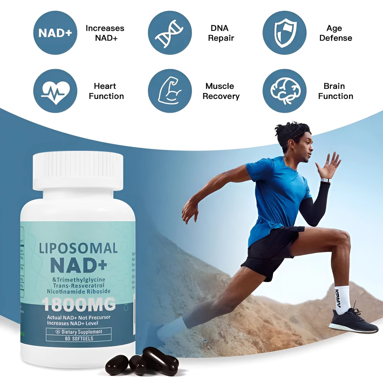 Bottle of Nicotinamide Mononucleotide capsules available in 60 or 120 piece counts with 24 month shelf life