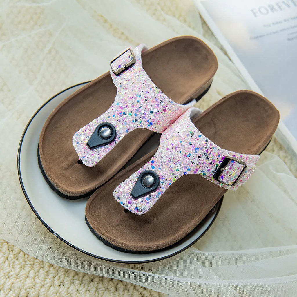 Gold, pink, or silver cork flip-flops with PVC sole and frosted artificial leather upper