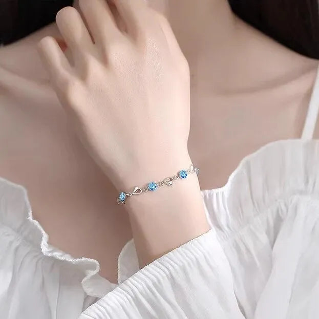Blue diamond necklace and bracelet set with geometric love heart pendant on adjustable chain