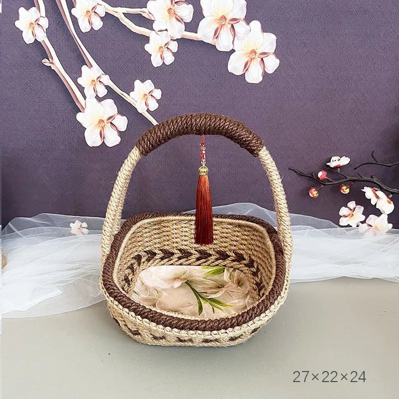 Coffee brown hand-woven straw basket with hemp rope, 19cm by 12cm, rustic retro style.