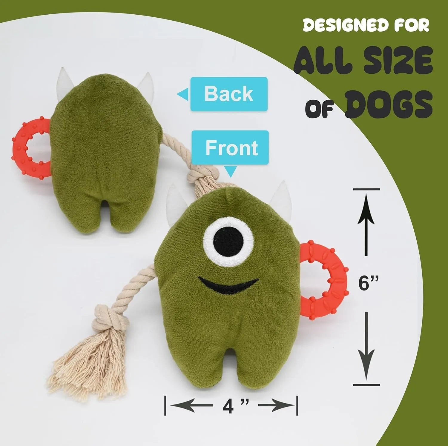 Blue and green plush dog toys with cotton rope segments and squeaker for chewing and tugging