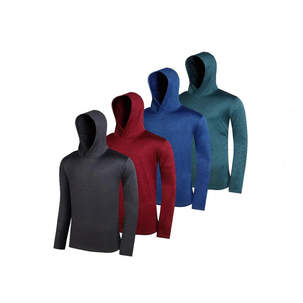 Four-pack of men's lightweight polyester hoodies in assorted colours on hangers